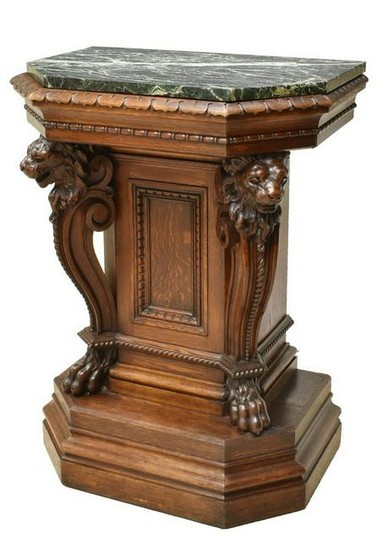 LARGE FRENCH MARBLE-TOP FIGURAL LION PEDESTAL