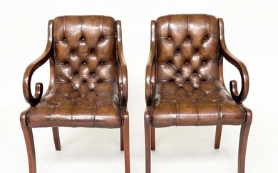LIBRARY ARMCHAIRS, a pair, Georgian style buttoned soft natu...