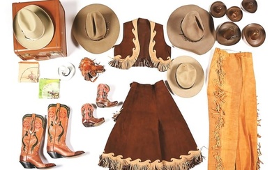 LOT OF WESTERN ATTIRE INCLUDING BOOTS AND STETSON HATS.