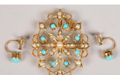 Ladies 9ct yellow gold turquoise and seed pearl brooch/penda...