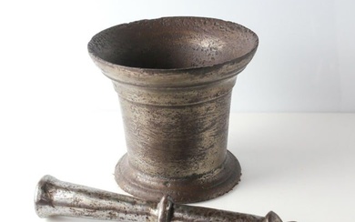 Large Antique Continental Cast Iron Mortar and Pestle