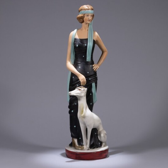 Large Art Deco Ceramic Lady with Hound Sculpture