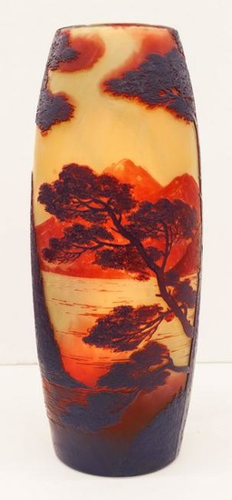 Large DeVez Cameo Glass Landscape Vase 13.5''x5.5''. A
