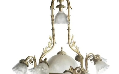 Large French Art Nouveau Empire Caryatids Gilt Bronze Etched & Glass Chandelier
