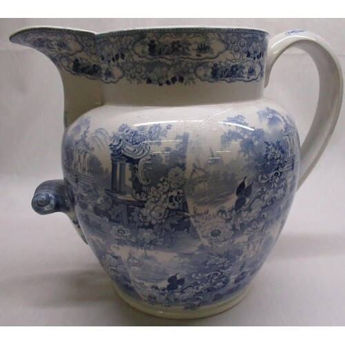 Large Victorian Staffordshire water jug, blue and white tran...