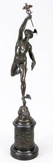 Large statuette of the famous Hermes after Giambologna around 1900, patinated bronze over a high marble base with a surrounding bronze relief, Caduceus is missing, Ges.-H. 88 cm