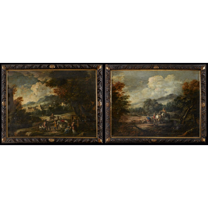 Late 18th century school Landscapes with hunting scenes Pair of paintings, oil on panel, 65x89 cm. Framed (defects and...