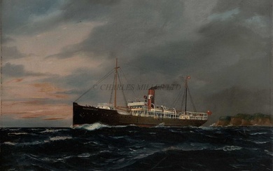 [M] BRITISH SCHOOL (20TH CENTURY) - THE ILLAWARRA & SOUTH COAST SN CO. PASSENGER-CARGO SHIP S.S. 'MERIMBULA' STEAMING OFF A HEADLAND