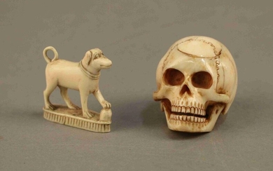 MEMENTO MORI in ivory carved with a skull (recapped) and small statuette of a dog in bone. 18th century. Height : 3,4 cm