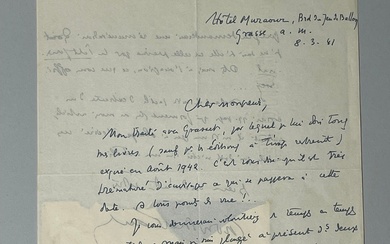 MONTHERLANT Henry de (1895-1972). Lettre autographe In-quarto signée et enveloppe timbrée et tamponnée adressée à...