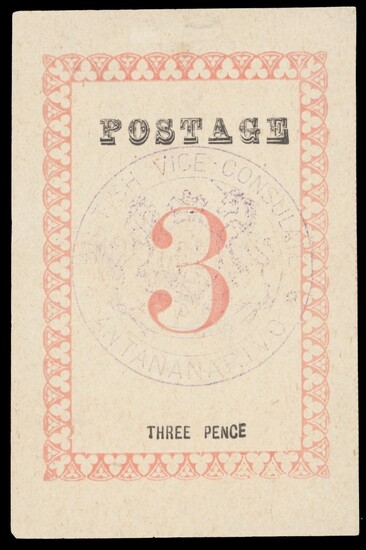 Madagascar 1886 3d. rose "postage" 29½ mm long, no stops after "Postage" or value, handstamped...