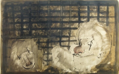 Mario Russo, Italian 1925-2000- Man and dog, 1960; watercolour and ink on paper, signed and dated '60 lower right, bears label for McRoberts & Tunnard Gallery from a previous backing affixed to the reverse, 40 x 58 cm (ARR)