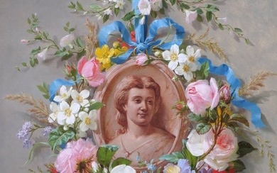 Marius Vasselon (1841-1924) - Still life of summer flowers with portrait of a woman