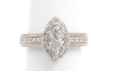 Marquise Diamond Halo Engagement Ring Milgrain Diamond Band 1.00 Tcw 14kt WG
