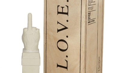 Maurizio Cattelan, Italian b.1960; L.O.V.E., 2014; cement sculpture in white, from the unnumbered edition of 200, 1:28 scale of the Milan sculpture, produced by Seletti, makers mark to base, with original wooden box, overall 40 x 14.5 x 14.5cm (ARR)