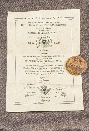 Médaille en bronze Loge Emancipation Ajaccio...