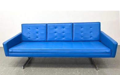 Mid Century Modern Blue Vinyl Sofa Couch. Baughman Style Chrome Base. Arthur Gross.