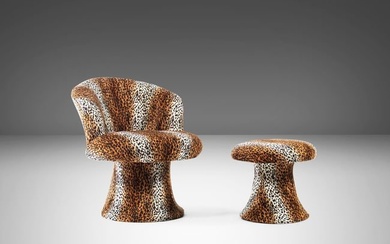 Mid Century Modern Leopard Print Tulip Chair and Ottoman Set After Pierre Paulin 1960s