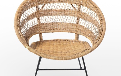 Mid Century Modern Round Wicker and Iron Lounge Chair