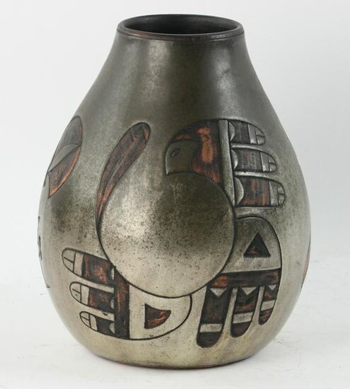 Mid Century Terracotta Vase, Silver Glaze