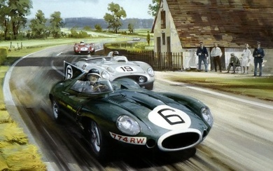 Mike Hawthorn's victorious Jaguar D-type leads the Mercedes of Juan Fangio through Whitehouse corner - Giclée Print published from a gouache painting by Michael Turner - Jaguar