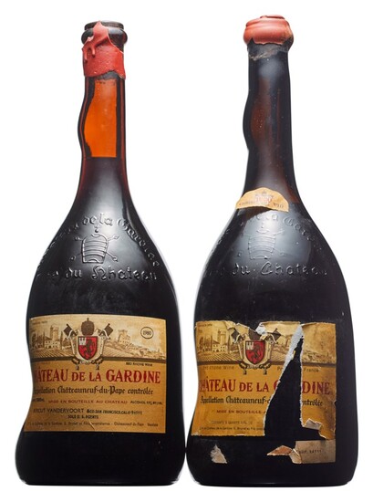 Mixed Château La Gardine, Châteauneuf-du-Pape, Château La Gardine, Châteauneuf-du-Pape 1970 Wax capsule, slightly damaged, bin-soiled and damaged label Level top shoulder double magnum (1) 1980 Badly damaged wax capsule, cork exposed, slightly...