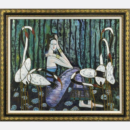 Modernism Oil Painting Egyptian Woman Amongst Cranes