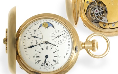 Montre de poche : unique montre de chasse en or/émail avec tourbillon et calendrier perpétuel,...