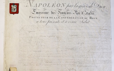 NAPOLEON1er (1769-1821, Empereur) / Lettres patentes sur parchemin signées de sa main «Napoléon», données au...
