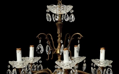 Neoclassical Style Cast Brass and Crystal Prisms Five Arm Chandelier