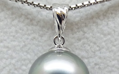 No Reserve Price - Tahitian Pearl, Bright Aqua, Round, 11.38 mm - 18 kt. White gold - Pendant