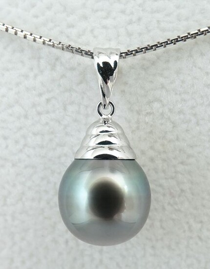 No Reserve Price - Tahitian Pearl, Silvery Blue, Drop-Shaped, 10.88 X 11.9 mm - 18 kt. White gold - Pendant