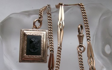 No Reserve Price - Victorian Pocket Watch Chain with Onyx Cameo Photo Locket Pendant - Watch necklace Gold-filled