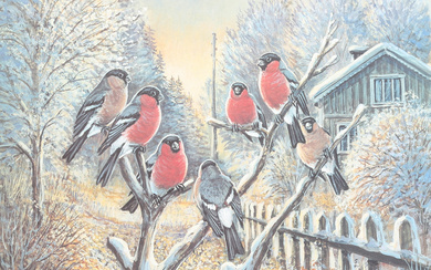 OIDENTIFIERAD KONSTNÄR. Birds on branch in winter landscape, art print no. 304/360, indistinctly signed.