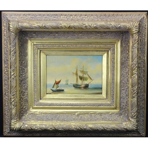 Oil on panel depicting fishing vessels anchored in calm wate...
