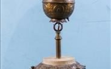 Old Victorian brass and alabaster piano lamp, 54.5 in. T.