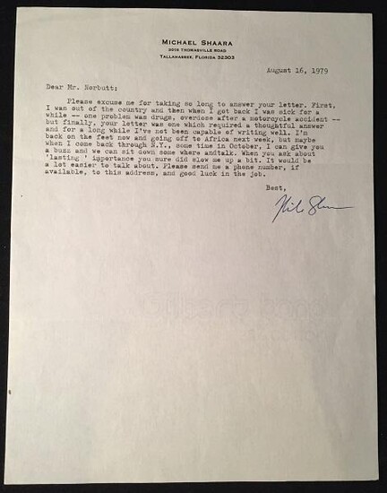 Original August 16, 1979 Typed Letter Signed From Pulitzer Prize Winner Michael Shaara (CANDID DISCUSSION OF HIS FAMOUS MOTORCYCLE ACCIDENT AND SUBSEQUENT DRUG OVERDOSE)