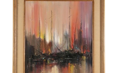 Ozz França Impasto Oil Painting "Sunset Harbor," Mid to Late 20th Century