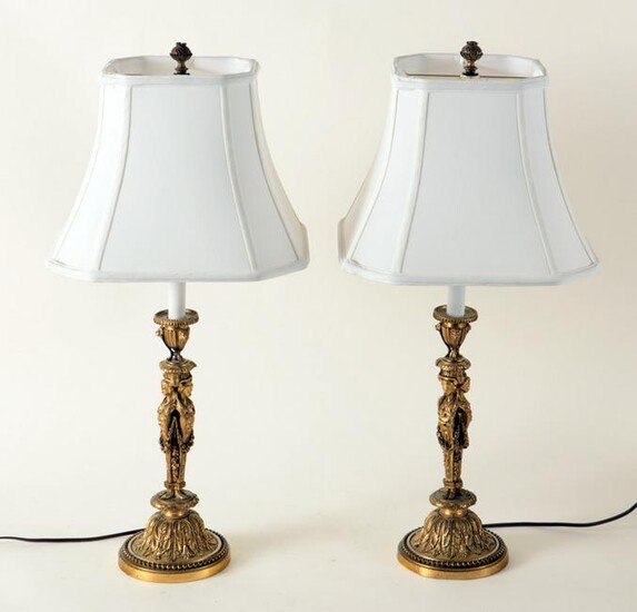 PAIR 19TH C. FRENCH BRONZE CARYATID FIGURAL LAMPS