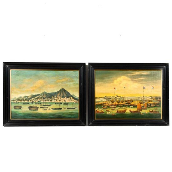 PAIR, CHINA TRADE STYLE HARBOR SCENE OIL PAINTINGS