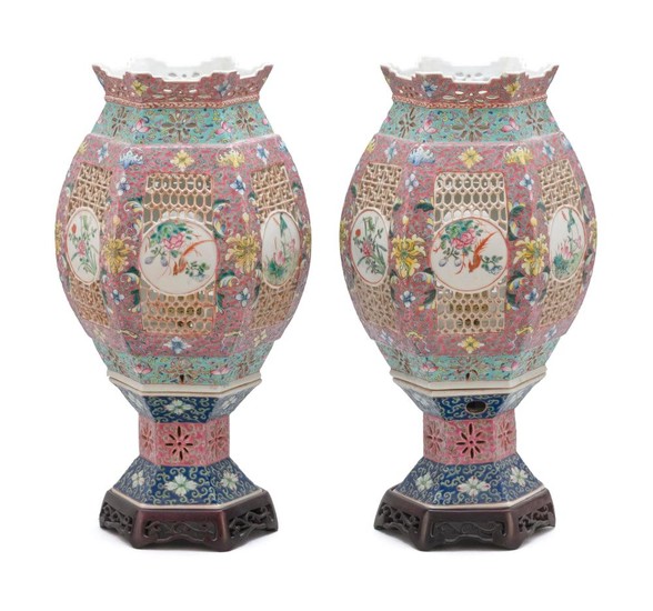 PAIR OF CHINESE PORCELAIN MARRIAGE LAMPS Hexagonal, with bird and flower cartouches set on latticework panels. Heights 15.5". Electr...
