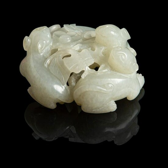 PALE CELADON JADE 'CATS' CARVING QING DYNASTY