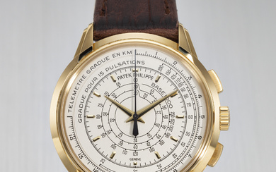 PATEK PHILIPPE. A RARE 18K YELLOW GOLD LIMITED EDITION AUTOMATIC MULTI-SCALE CHRONOGRAPH WRISTWATCH, MADE TO COMMEMORATE THE 175TH ANNIVERSARY OF PATEK PHILIPPE IN 2014 SIGNED PATEK PHILIPPE, GENEVE, REF. 5975J-001, MOVEMENT NO. 5'905'353, CASE NO...