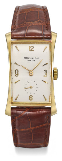 PATEK PHILIPPE. AN 18K GOLD RECTANGULAR CURVED WRISTWATCH, SIGNED PATEK PHILIPPE, GENÈVE, REF. 1593, MOVEMENT NO. 973’240, CASE NO. 662’918, MANUFACTURED IN 1951