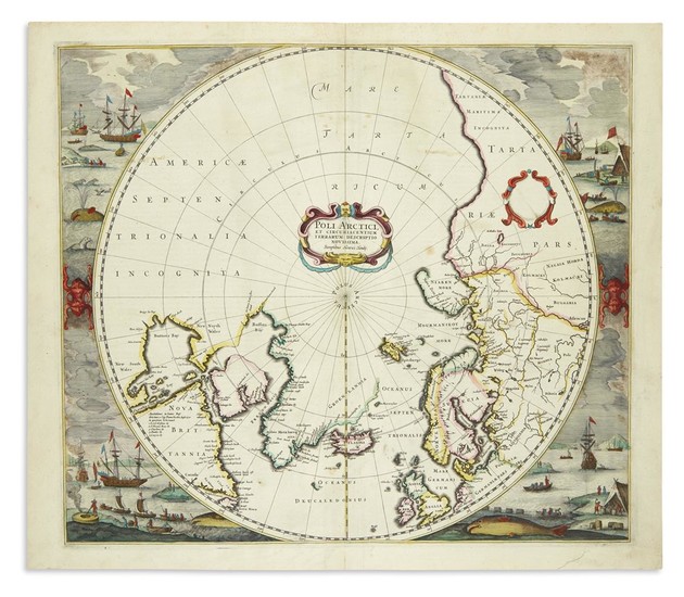 (POLAR.) Hondius, Henricus. Poli Arctici, et Circumiacentium Terrarum Descriptio Novissima. Double-page engraved map...