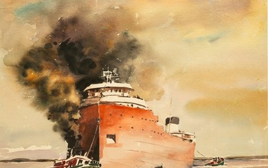 "PORTRAIT OF A LARGE SHIP" BY AUGUST F. BIEHLE (1885-1979).