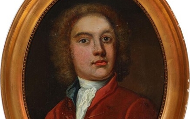 SOLD. Painter unknown, 18th century: Portrait of a gentleman in a red coat and a...