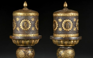 Pair Chinese Bronze Partly Gilt Candlesticks
