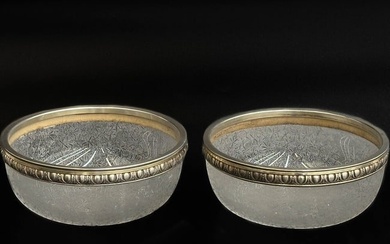 Pair French Etched Glass Gold Wash Silver Mounted Bowls circa 1920