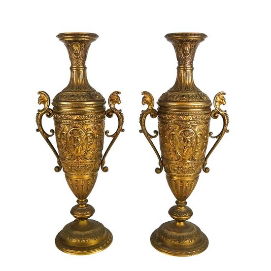 Pair Relief Decorated Brass Vases